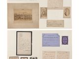 deux photos montrant de vieux papiers et d'autres objets accrochés au mur