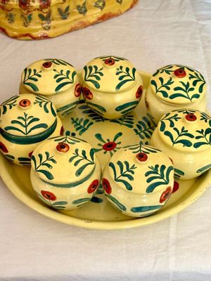 une assiette jaune sur laquelle sont disposés plusieurs petits cupcakes