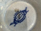 a blue and white plate with a turtle on it