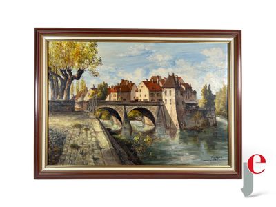 une peinture à l'huile représentant un pont sur une rivière avec des bâtiments à l'arrière-plan