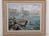 a painting of a harbor scene with boats in the water