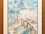 a painting of a bridge over a stream in front of a house