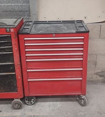une boîte à outils rouge avec un couvercle noir, une boîte à outils rouge avec un couvercle noir et une boîte à outils rouge avec un couvercle noir