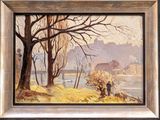 painting of a couple walking by a river with a castle in the background