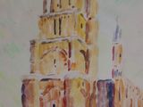 a painting of a building with a clock tower in the middle of it