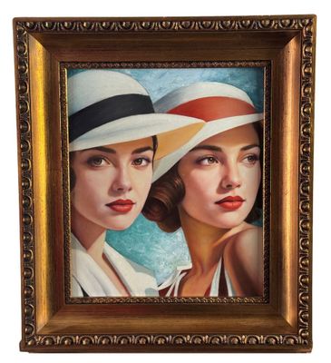 tableau représentant deux femmes coiffées de chapeaux, dans un cadre doré