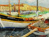 a painting of boats in a harbor with buildings in the background