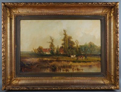 an oil painting of a farm scene with cows grazing in a field