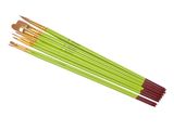 a set of five green and yellow paint brushes on a white background
