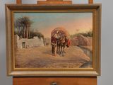 an oil painting of a horse pulling a cart down a dirt road