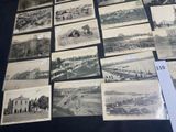 several old black and white photographs of a train station and other buildings