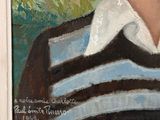 painting of a woman in a striped shirt and black and white shirt