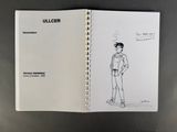 a book with a drawing of a man standing on a table