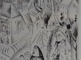 a black and white drawing of people in a town