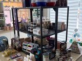 a counter with various items on it in a store