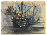 une peinture représentant un bateau dans l'eau avec des personnes à bord