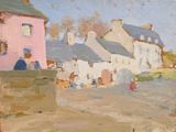 tableau représentant une scène de rue avec une maison rose et une femme en robe rouge