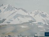 a picture of a painting of a snowy mountain range