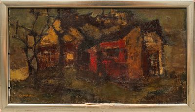 une peinture à l'huile représentant une maison avec une porte rouge devant un arbre