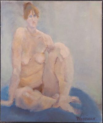 une peinture à l'huile représentant une femme nue assise sur une couverture bleue