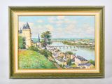 an oil painting of a view of a town and a river