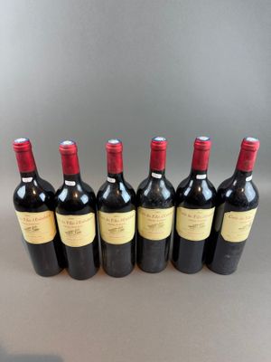 six bottles of red wine lined up in a row