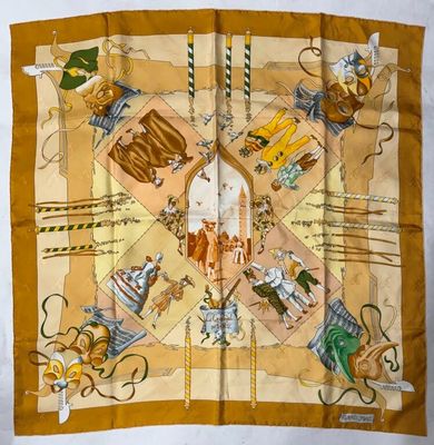 une image représentant un foulard carré sur lequel figurent divers objets