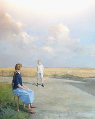 un tableau représentant une femme et un garçon assis sur un banc