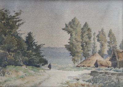une photo d'un tableau représentant un village au bord de l'eau