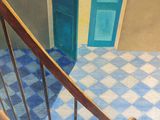 a painting of a staircase with a blue door in the background