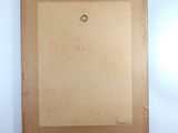 a painting on a wall with a brown frame and a white background