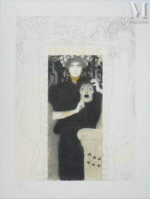 tableau représentant une femme en robe noire tenant un chat dans ses bras