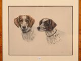 tableau représentant deux chiens, l'un brun et l'autre blanc, dans un cadre en bois