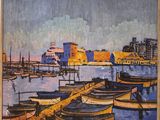a painting of a harbor scene with boats in the water