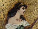 painting of a woman in a white dress holding a guitar