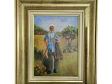 une peinture à l'huile représentant un homme dans un champ avec une tondeuse