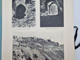 an old book opened to show pictures of a cave and a mountain