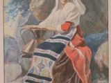 an image of a painting of a woman sitting on a rock