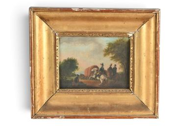 une peinture à l'huile représentant deux hommes à cheval dans un décor boisé