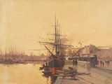 a painting of a ship in a harbor with other boats