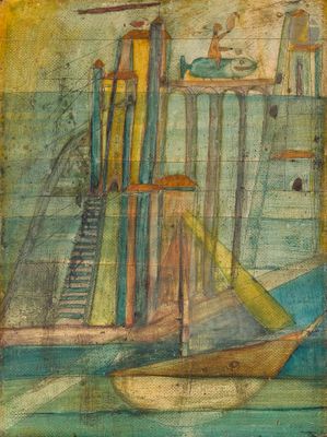 l'image d'une peinture représentant un bateau dans un plan d'eau