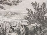 a drawing of a cow standing in a field