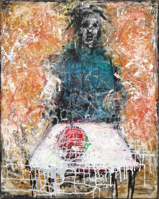an image of a painting of a woman sitting on a table