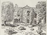 an ink drawing of a house with a bench in the yard