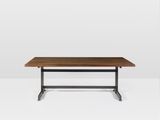 une image représentant une table avec un plateau en bois et des pieds en métal