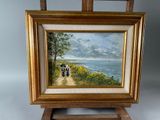an oil painting of a couple walking down a path by the ocean