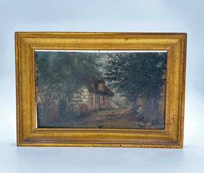 Ecole XIXe Basse cour Huile sur panneau