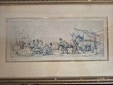 framed drawing of a group of men in a field with a horse drawn wagon