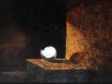 une peinture représentant une lampe posée sur une boîte