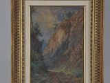 une peinture à l'huile représentant une scène de montagne avec une rivière au premier plan